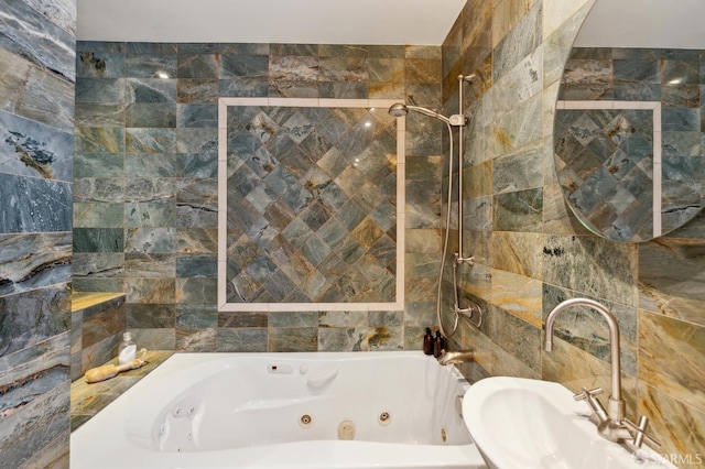 11 Perego Ter Unit 6, San Francisco, CA 94131 - full bathroom with tile walls, a sink, and a combined bath / shower with jetted tub