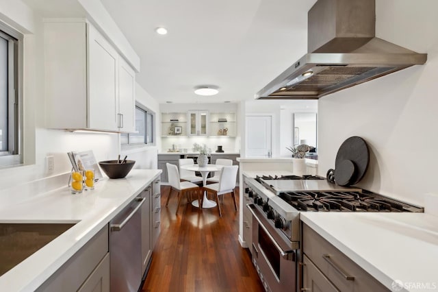 11 Perego Ter Unit 6, San Francisco, CA 94131 - kitchen with wall chimney range hood, stainless steel appliances, open shelves, dark wood-style floors, and white cabinetry