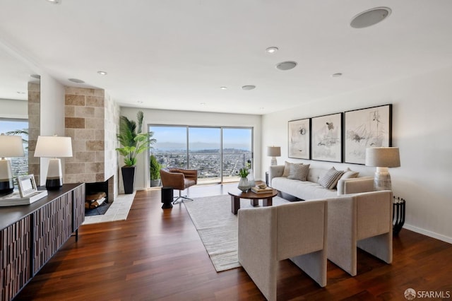11 Perego Ter Unit 6, San Francisco, CA 94131 - living room featuring dark wood finished floors, recessed lighting, baseboards, and a large fireplace