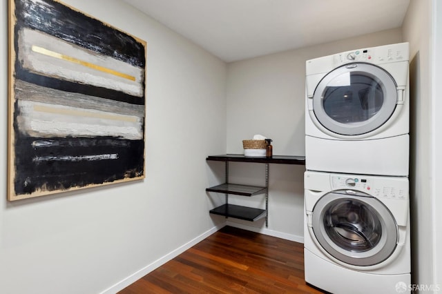 11 Perego Ter Unit 6, San Francisco, CA 94131 - laundry room featuring stacked washer / dryer, dark wood-type flooring, and baseboards