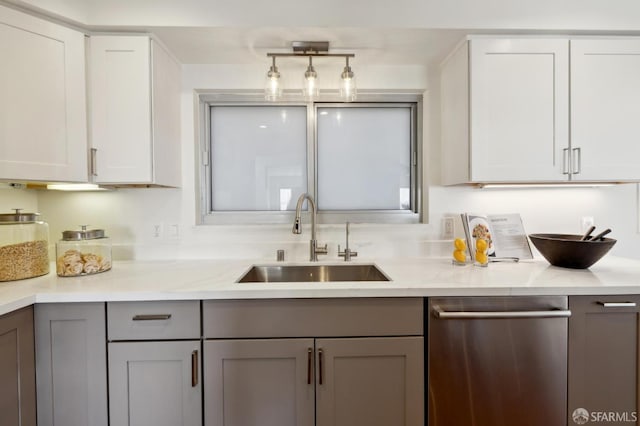 11 Perego Ter Unit 6, San Francisco, CA 94131 - kitchen featuring a sink, stainless steel dishwasher, gray cabinetry, and white cabinets