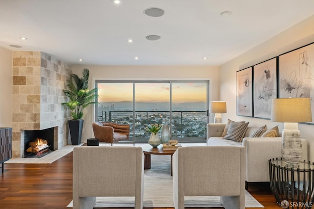 11 Perego Ter Unit 6, San Francisco, CA 94131 - living area featuring wood finished floors, a large fireplace, and recessed lighting