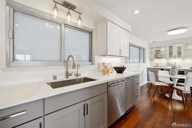 11 Perego Ter Unit 6, San Francisco, CA 94131 - kitchen featuring dishwasher, a sink, gray cabinetry, dark wood-type flooring, and glass insert cabinets