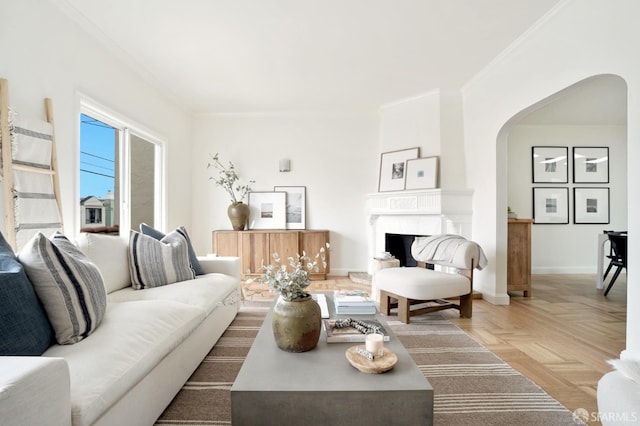 1643 43rd Ave, San Francisco, CA 94122 - living room with arched walkways, a fireplace, and crown molding