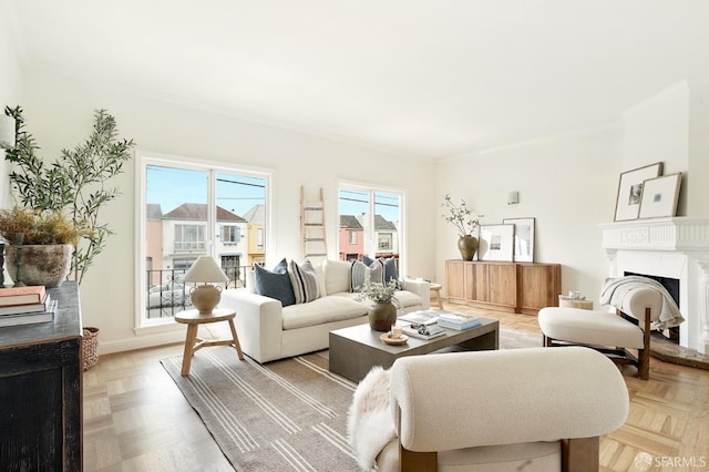 1643 43rd Ave, San Francisco, CA 94122 - living room featuring a fireplace with raised hearth and crown molding