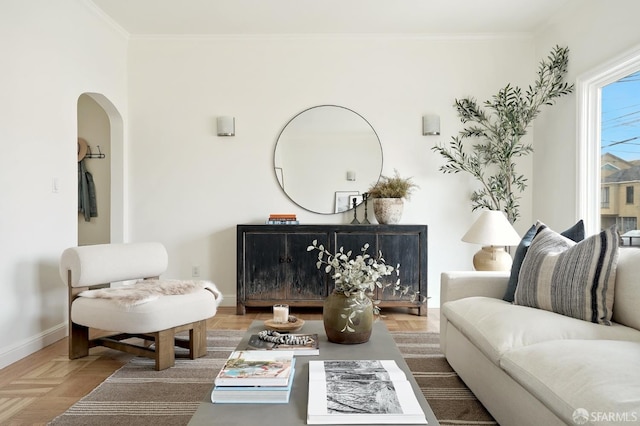1643 43rd Ave, San Francisco, CA 94122 - living room featuring arched walkways and ornamental molding