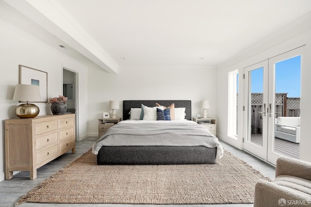 1643 43rd Ave, San Francisco, CA 94122 - bedroom with french doors, crown molding, access to exterior, and light wood finished floors