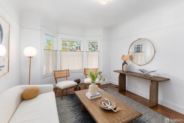 living area featuring baseboards and wood finished floors