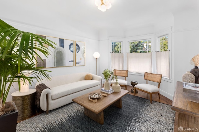 living area featuring wood finished floors and baseboards