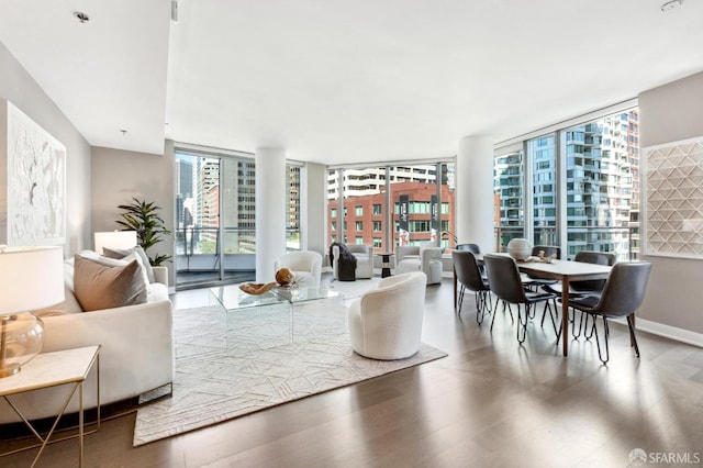 living area featuring wood finished floors, a healthy amount of sunlight, baseboards, and expansive windows