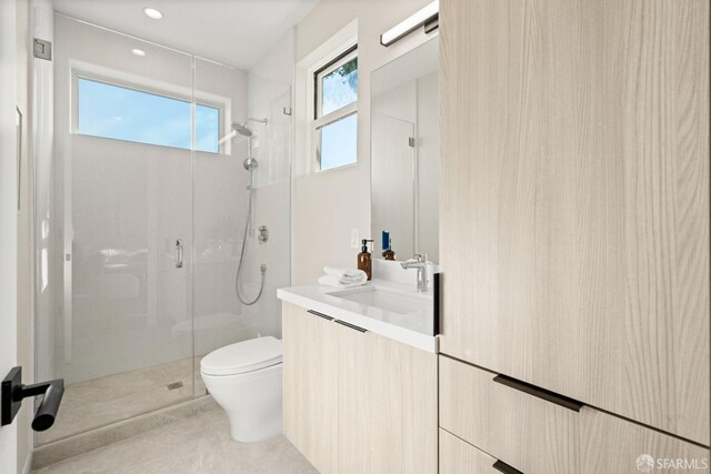 bathroom featuring a shower stall, toilet, and vanity