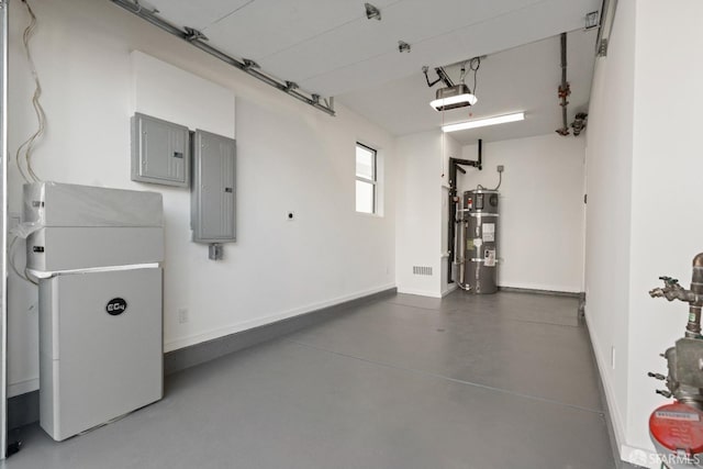 garage featuring electric panel, water heater, a garage door opener, and baseboards