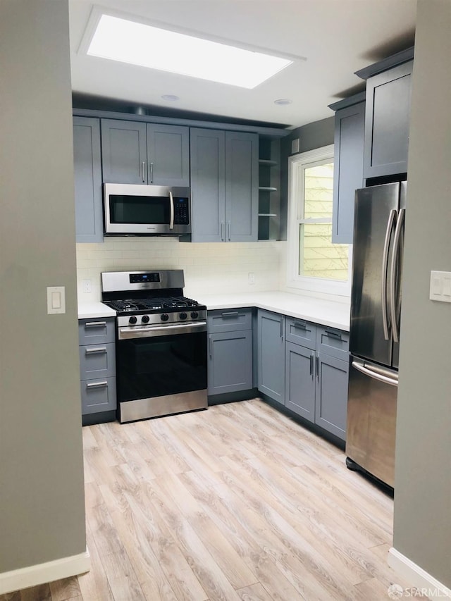 3870 18th St, San Francisco, CA 94114 - kitchen with stainless steel appliances, open shelves, backsplash, and light wood finished floors