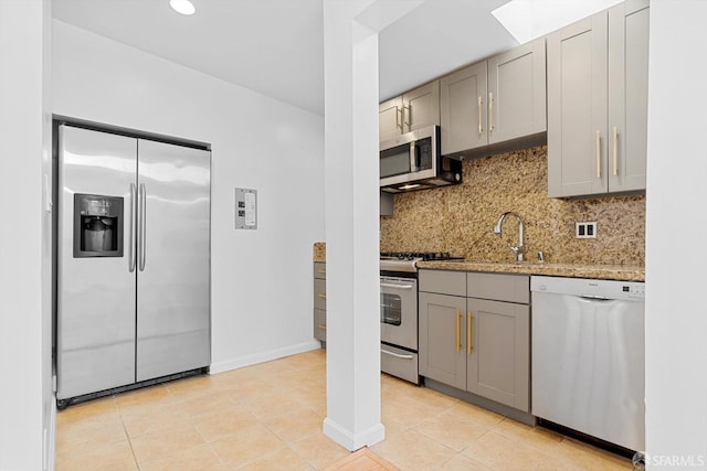 3870 18th St, San Francisco, CA 94114 - kitchen featuring stainless steel appliances, gray cabinetry, a sink, tasteful backsplash, and light stone countertops