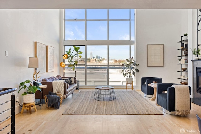 living room featuring a high ceiling, a city view, wood finished floors, and a glass covered fireplace