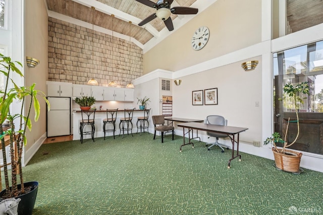 95 Ora Way Unit 303F, San Francisco, CA 94131 - office area featuring carpet, high vaulted ceiling, a wood ceiling with exposed beams, and ceiling fan