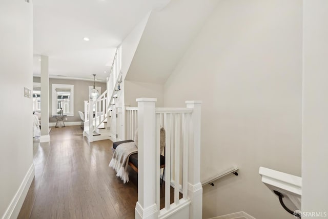 3226 Octavia St, San Francisco, CA 94123 - hallway featuring wood finished floors, baseboards, recessed lighting, an upstairs landing, and stairs