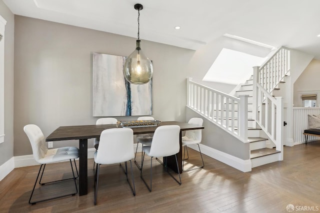 3226 Octavia St, San Francisco, CA 94123 - dining room with baseboards, stairs, wood finished floors, and recessed lighting