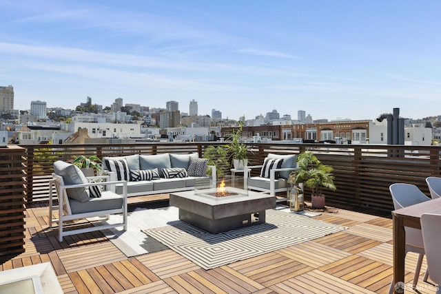 3226 Octavia St, San Francisco, CA 94123 - view of patio / terrace featuring an outdoor living space with a fire pit, a skyline view, and a deck