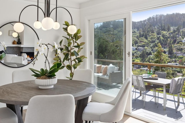 dining space featuring a multi sided fireplace