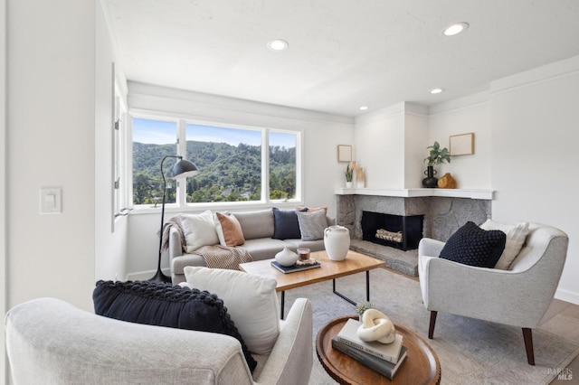 living room featuring recessed lighting, a stone fireplace, baseboards, and wood finished floors