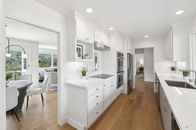 kitchen with a sink, light countertops, light wood-style flooring, and appliances with stainless steel finishes