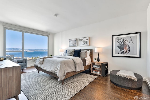 229 Brannan St Unit 12C, San Francisco, CA 94107 - bedroom with dark wood-type flooring, a water view, and baseboards