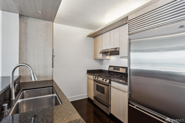 229 Brannan St Unit 12C, San Francisco, CA 94107 - kitchen featuring stainless steel appliances, a sink, under cabinet range hood, dark wood finished floors, and dark stone counters