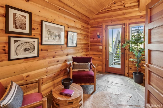 61 Homestead St, San Francisco, CA 94114 - living area with lofted ceiling, wooden ceiling, and stone finish floors