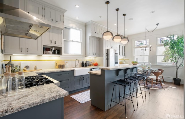 kitchen featuring a sink, smart refrigerator, backsplash, range hood, and open shelves