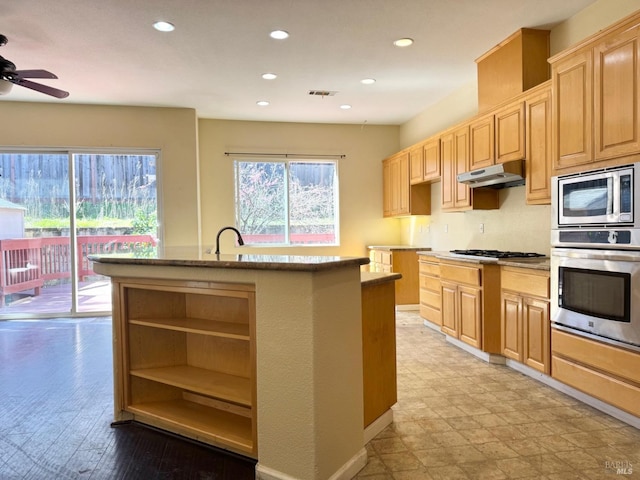 kitchen featuring under cabinet range hood, visible vents, stainless steel appliances, and recessed lighting