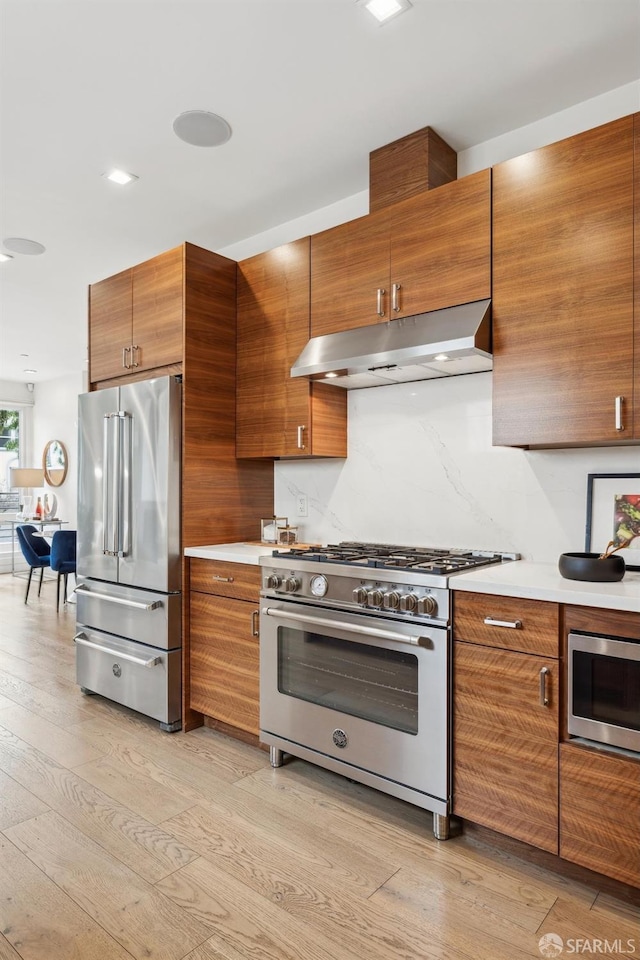 kitchen with light hardwood / wood-style floors, decorative backsplash, and premium appliances