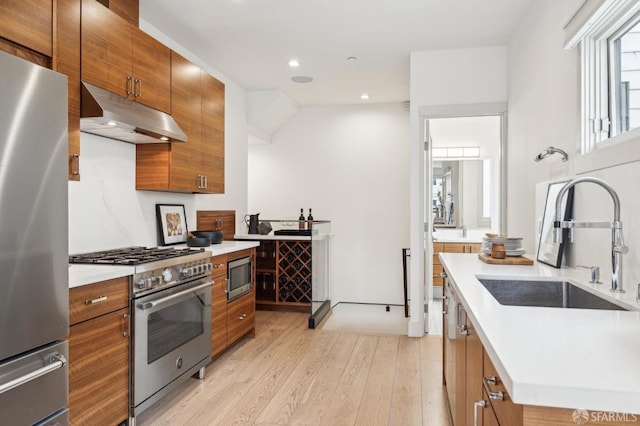 kitchen with stainless steel appliances, light hardwood / wood-style floors, and sink