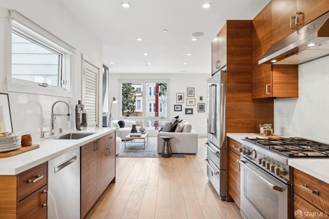 kitchen with backsplash, sink, light hardwood / wood-style flooring, and premium appliances