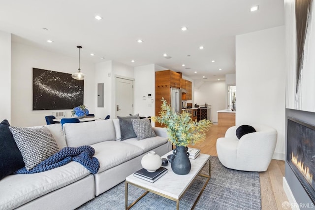 living room with electric panel and light hardwood / wood-style floors