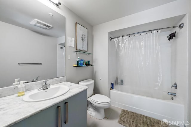 bathroom featuring tile patterned flooring, toilet, vanity, visible vents, and shower / bathtub combination with curtain