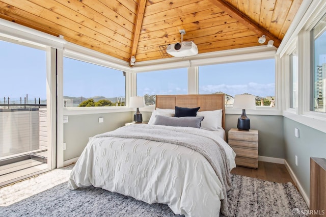 3011 Van Ness Ave, San Francisco, CA 94109 - bedroom with wood finished floors, wood ceiling, lofted ceiling, baseboards, and access to outside