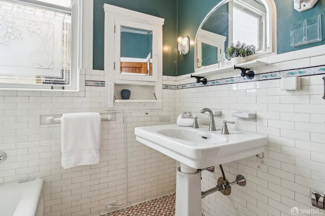 3011 Van Ness Ave, San Francisco, CA 94109 - full bathroom featuring tile walls, a bath, and wainscoting