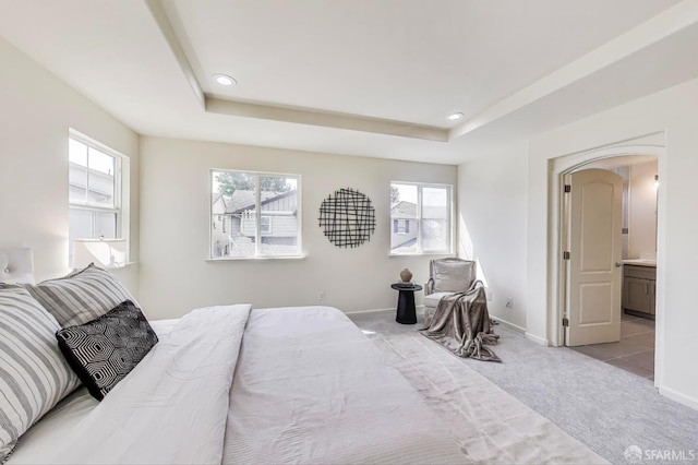 95 Olmsted Ct, Pittsburg, CA 94565 - carpeted bedroom with a raised ceiling, arched walkways, recessed lighting, and connected bathroom