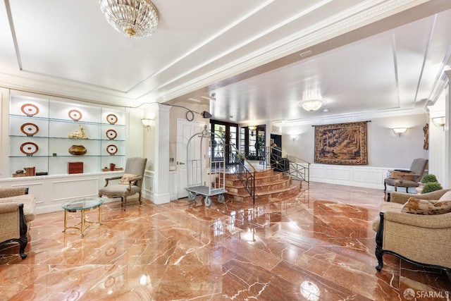 1340 Clay St Unit 302, San Francisco, CA 94109 - building lobby featuring ornamental molding, a decorative wall, and stairs