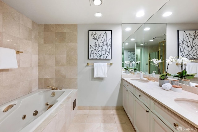 1340 Clay St Unit 302, San Francisco, CA 94109 - bathroom with a whirlpool tub, double vanity, tile patterned flooring, and recessed lighting