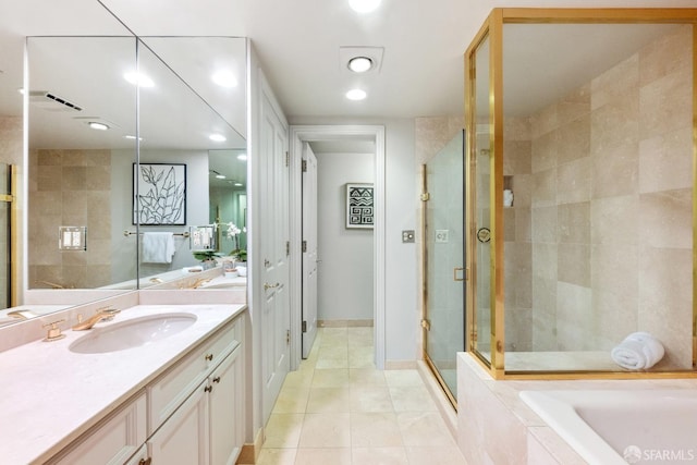 1340 Clay St Unit 302, San Francisco, CA 94109 - full bath with vanity, tile patterned flooring, a shower stall, a bath, and recessed lighting