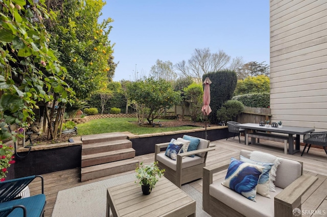 view of patio featuring an outdoor hangout area and a deck