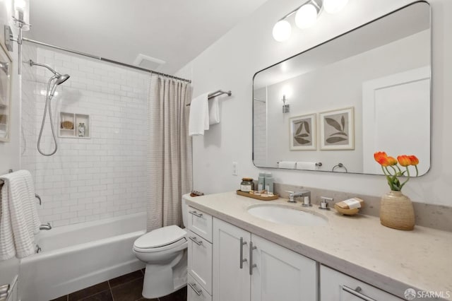 full bathroom with shower / bath combination with curtain, vanity, toilet, and tile patterned flooring