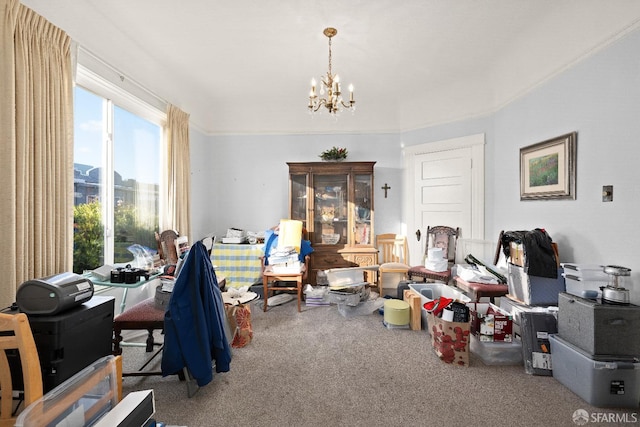 miscellaneous room with carpet flooring and a notable chandelier