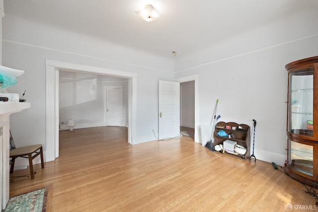 living room with a fireplace and light wood-type flooring