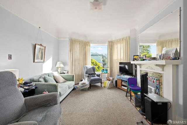 living room with plenty of natural light and carpet flooring