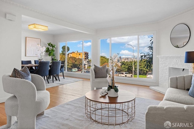 living area featuring a healthy amount of sunlight, a fireplace, and wood finished floors