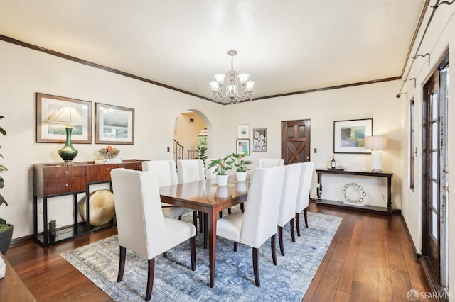 1475 Monterey Blvd, San Francisco, CA 94127 - dining space featuring arched walkways, dark wood finished floors, a chandelier, and crown molding