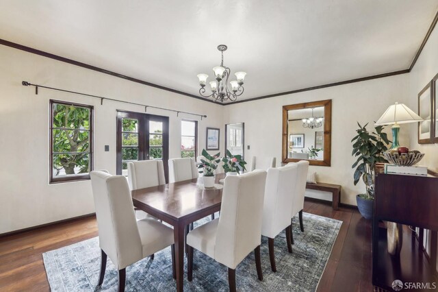 1475 Monterey Blvd, San Francisco, CA 94127 - dining area with a chandelier, dark wood-style flooring, ornamental molding, and baseboards